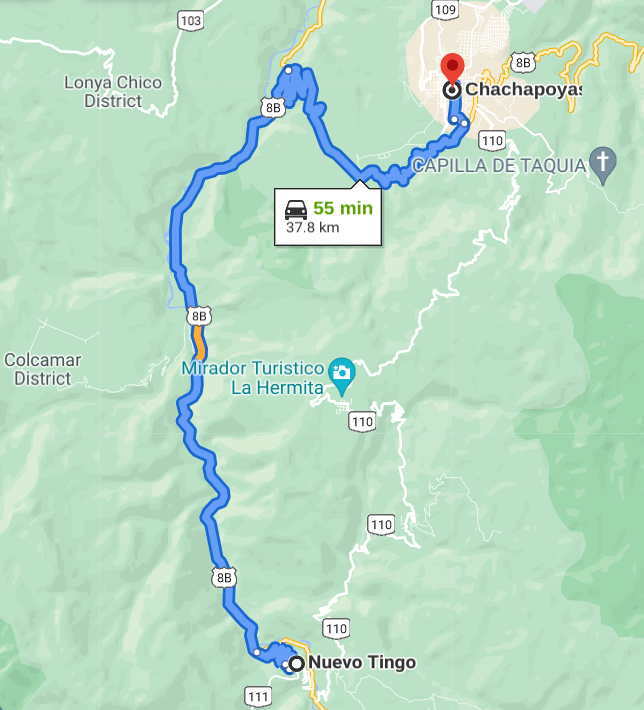 Chachapoyas a Nuevo Tingo mapa